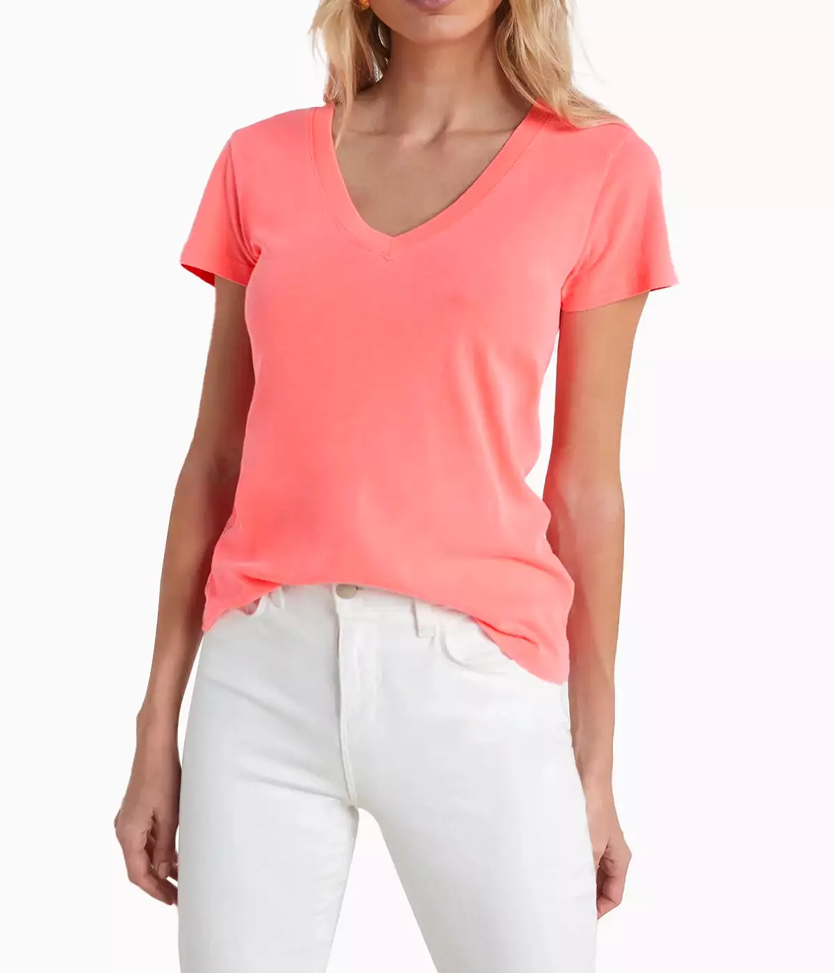 Becca V Neck T-Shirt - Neon Coral - Short Sleeve