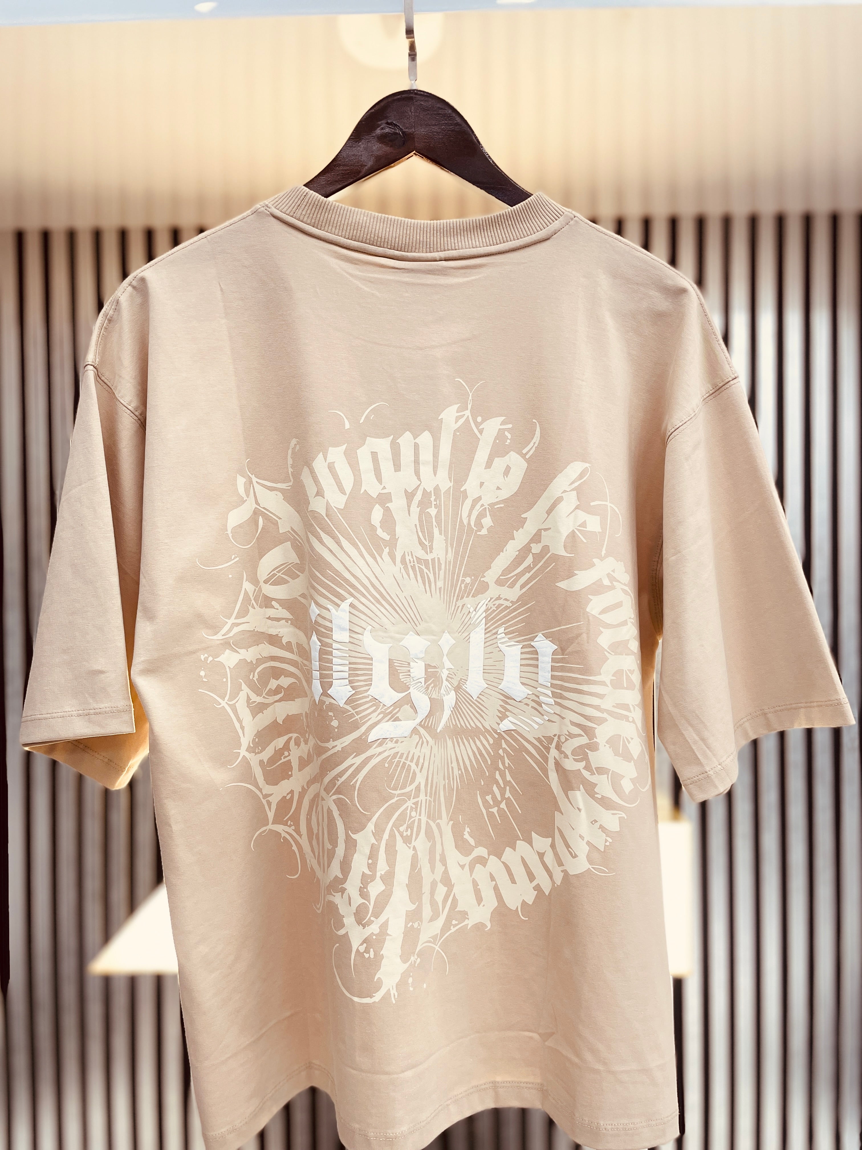 cream street style tee shirt with back print and drop shoulder style