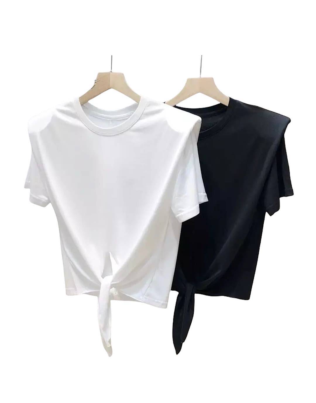 Crop tee with tie waist and shoulder padding.