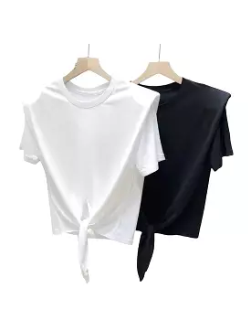 Crop tee with tie waist and shoulder padding.