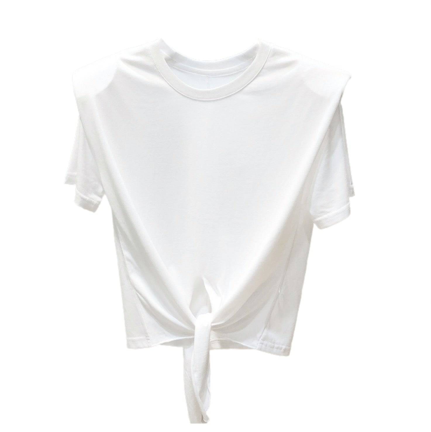 Crop tee with tie waist and shoulder padding.