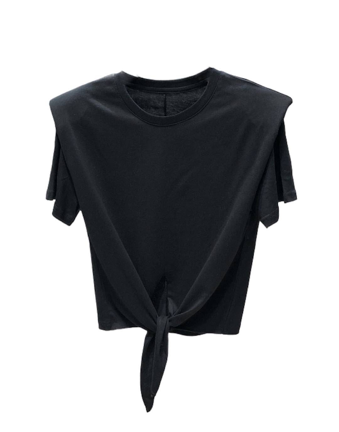 Crop tee with tie waist and shoulder padding.