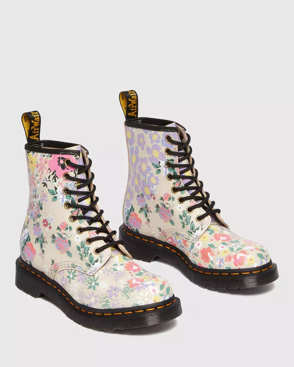 Doc Martens Women's 1460 Floral Mash Up Leather Lace Up Boots Parchment Beige Phantom Floral Shadow Backhand