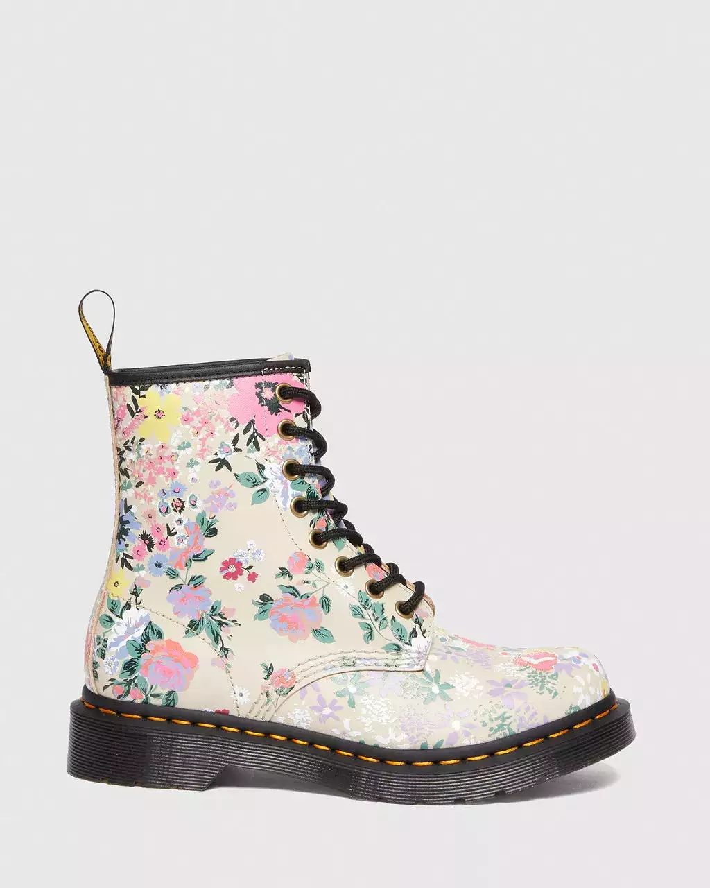 Doc Martens Women's 1460 Floral Mash Up Leather Lace Up Boots Parchment Beige Phantom Floral Shadow Backhand