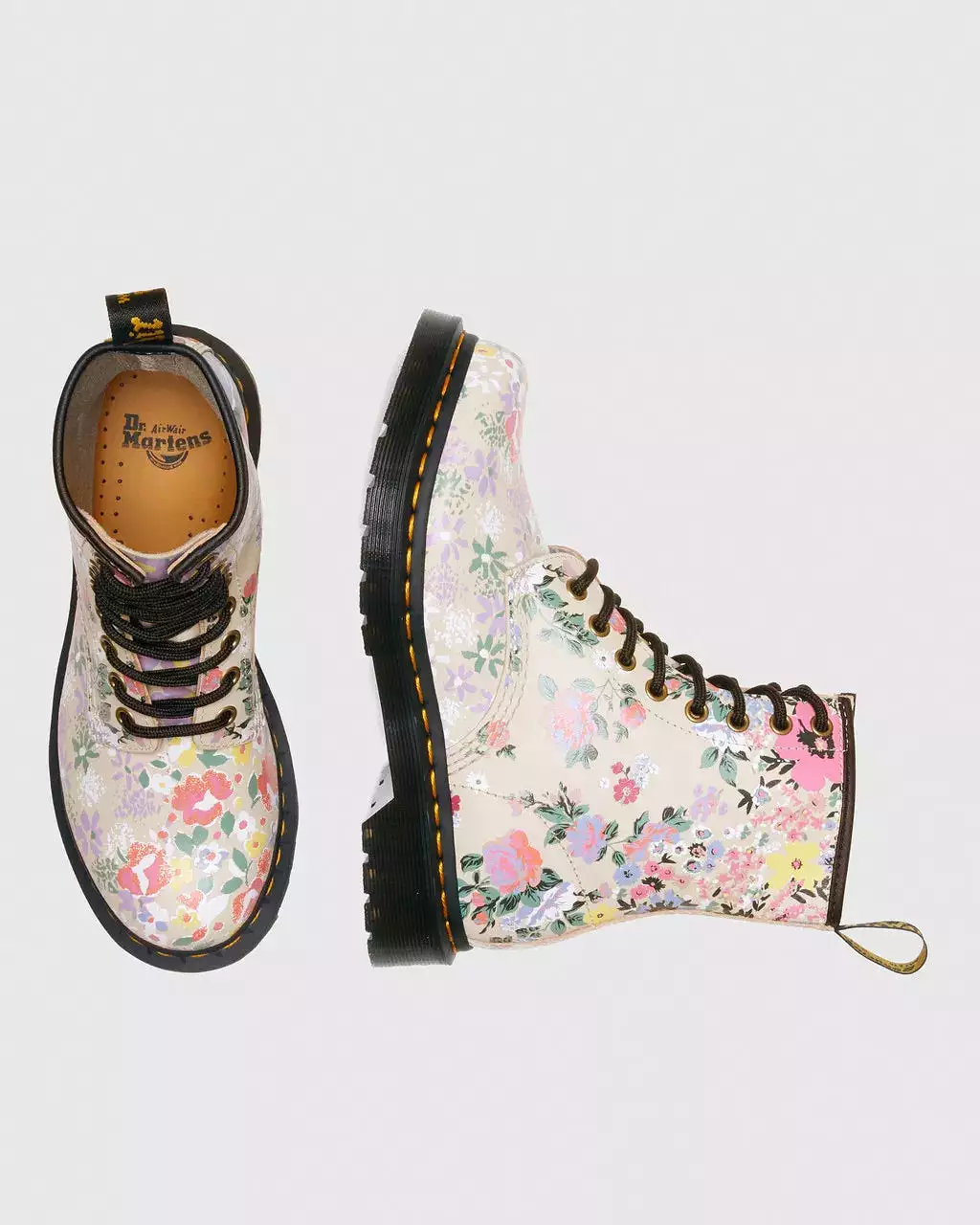 Doc Martens Women's 1460 Floral Mash Up Leather Lace Up Boots Parchment Beige Phantom Floral Shadow Backhand