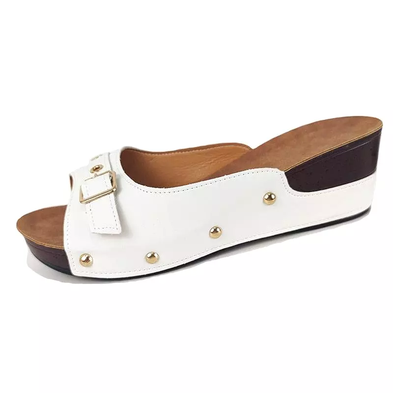 Front Buckle Low Wedge Sandals - Low Heel Slip-On Sandals with Front Buckle