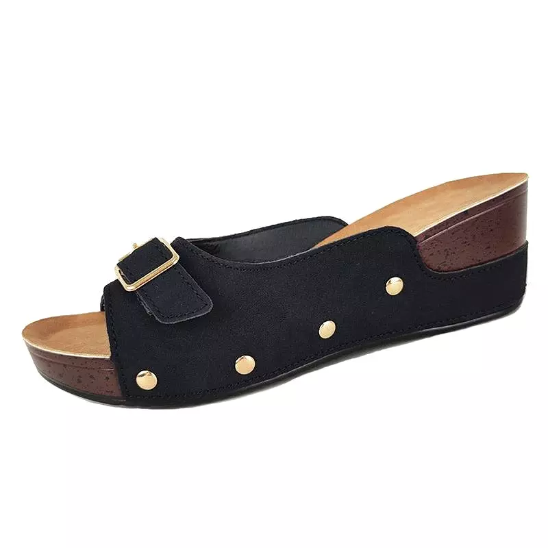 Front Buckle Low Wedge Sandals - Low Heel Slip-On Sandals with Front Buckle