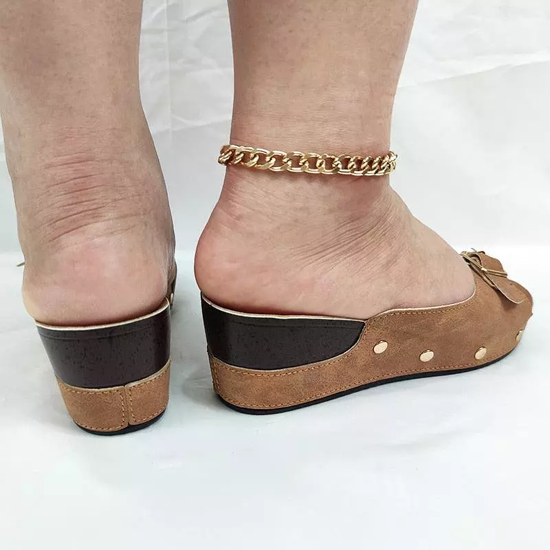 Front Buckle Low Wedge Sandals - Low Heel Slip-On Sandals with Front Buckle