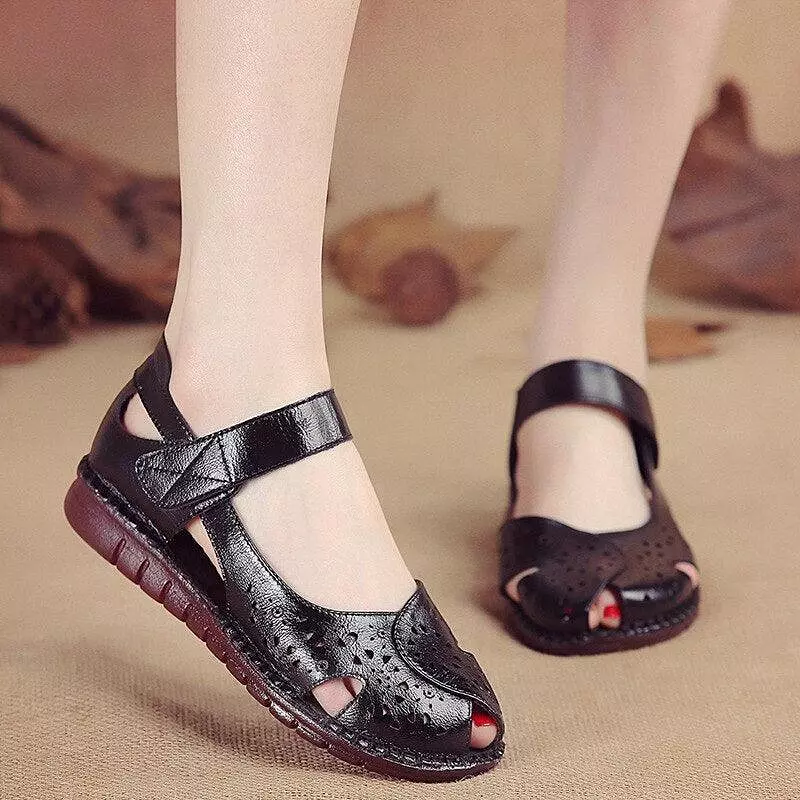 Holed Flat Leather Sandals for Women