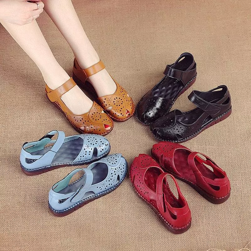 Holed Flat Leather Sandals for Women