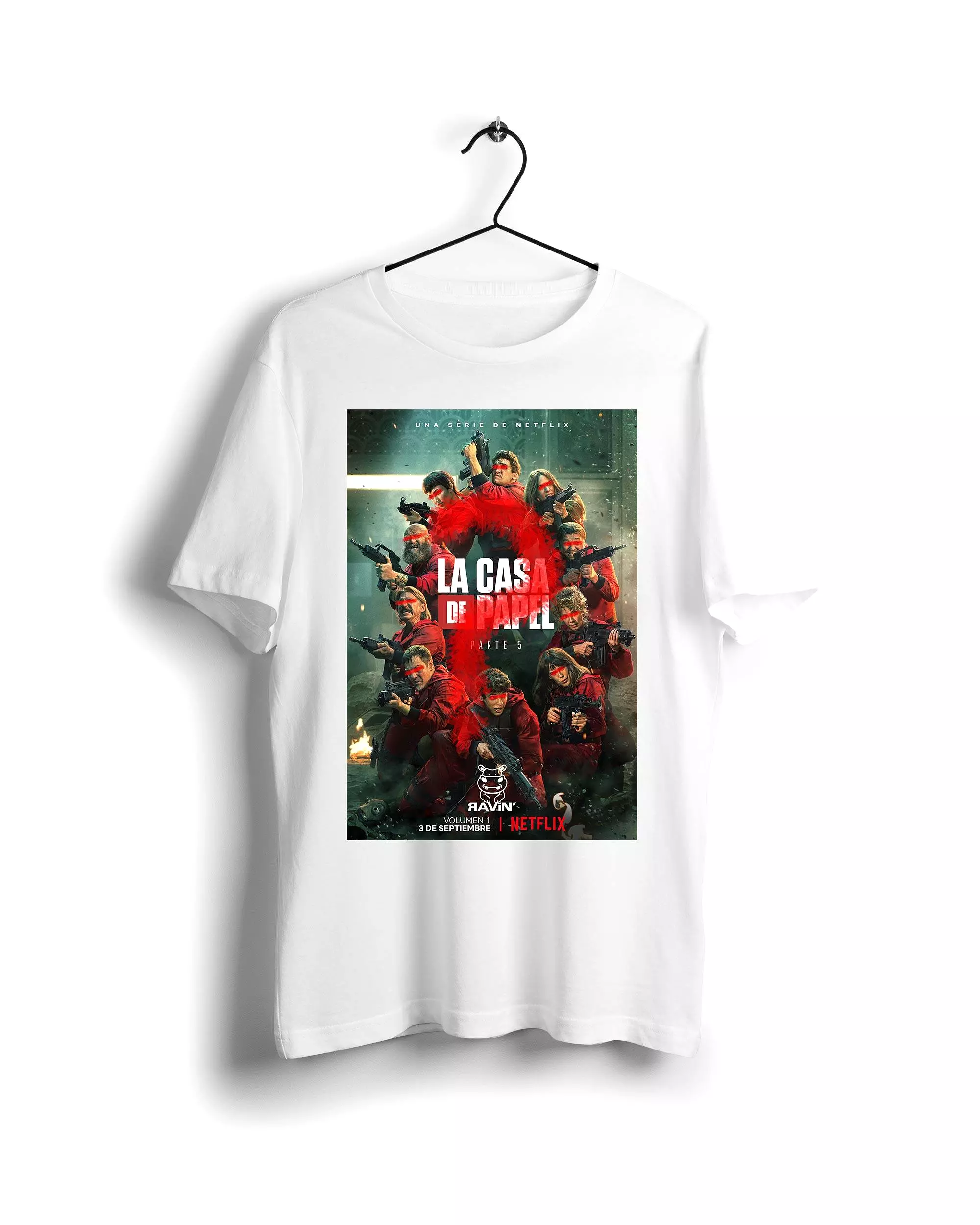 La Casa De Papel X Ravin X Hippo T-shirt - White, Digital Graphics Basic Design