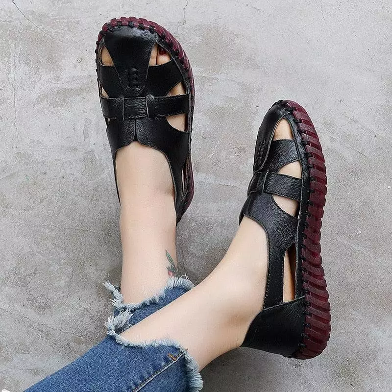 Leather Flat Sandals with Stitched Detail