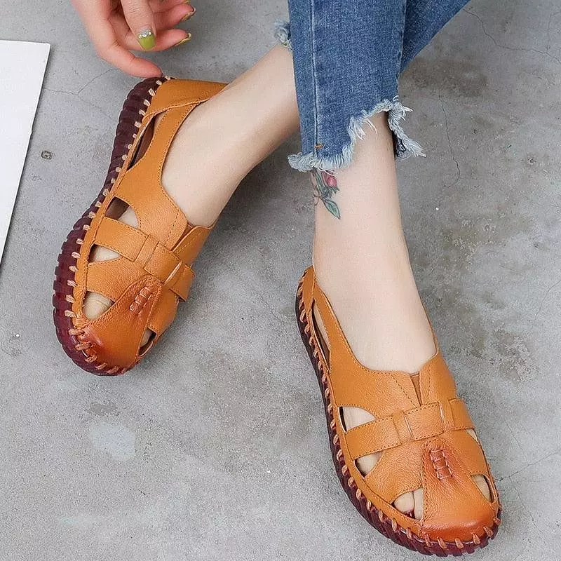 Leather Flat Sandals with Stitched Detail