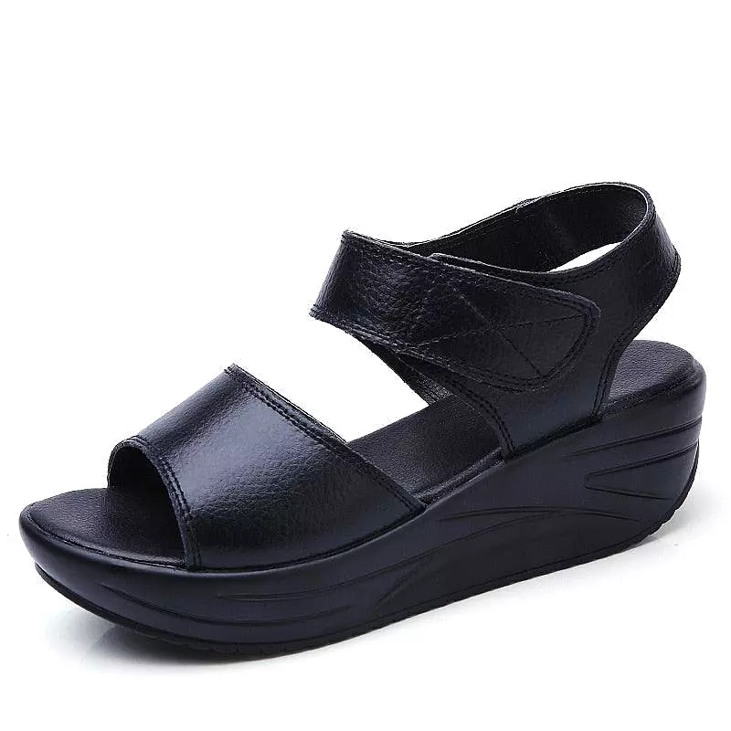 Leather Wedge Sandals with Hook Loop