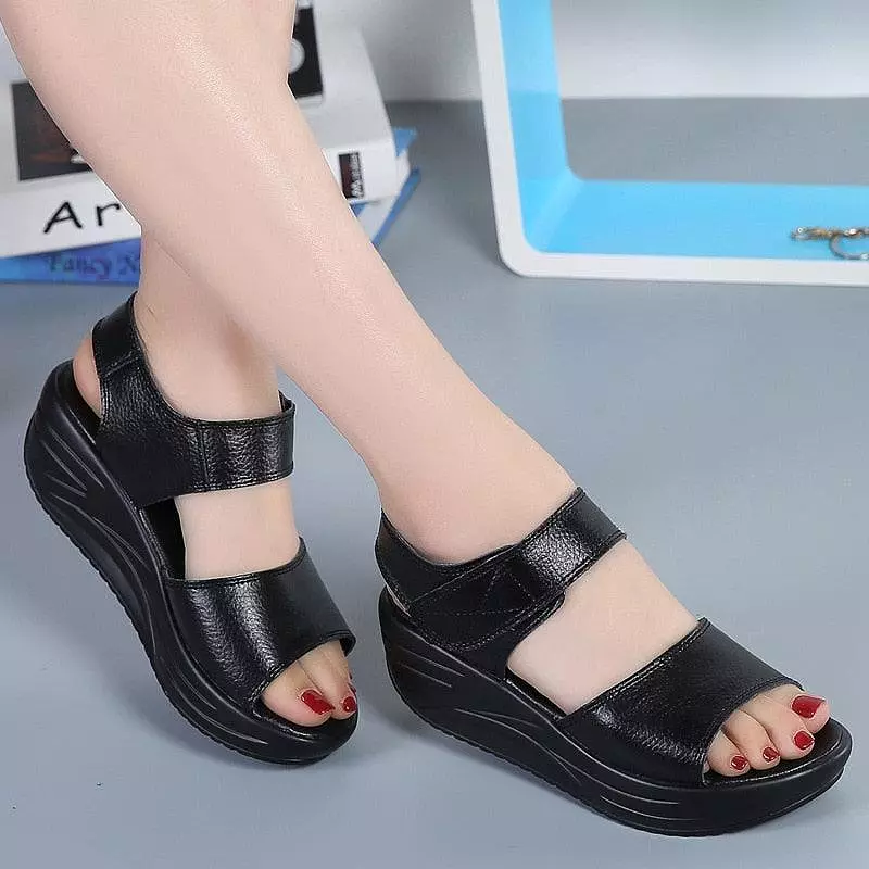 Leather Wedge Sandals with Hook Loop