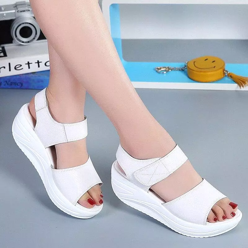 Leather Wedge Sandals with Hook Loop