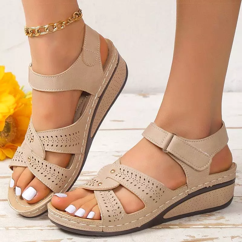 Leather wedge sandals with low heel