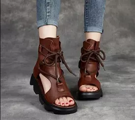 Leather Zip Wedge Sandals