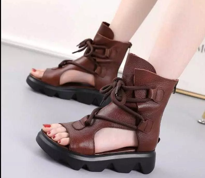 Leather Zip Wedge Sandals