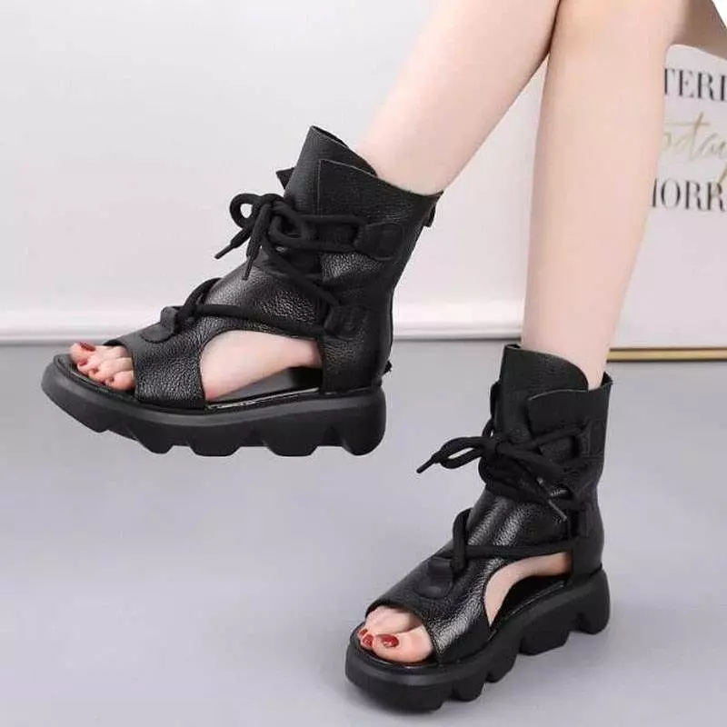 Leather Zip Wedge Sandals