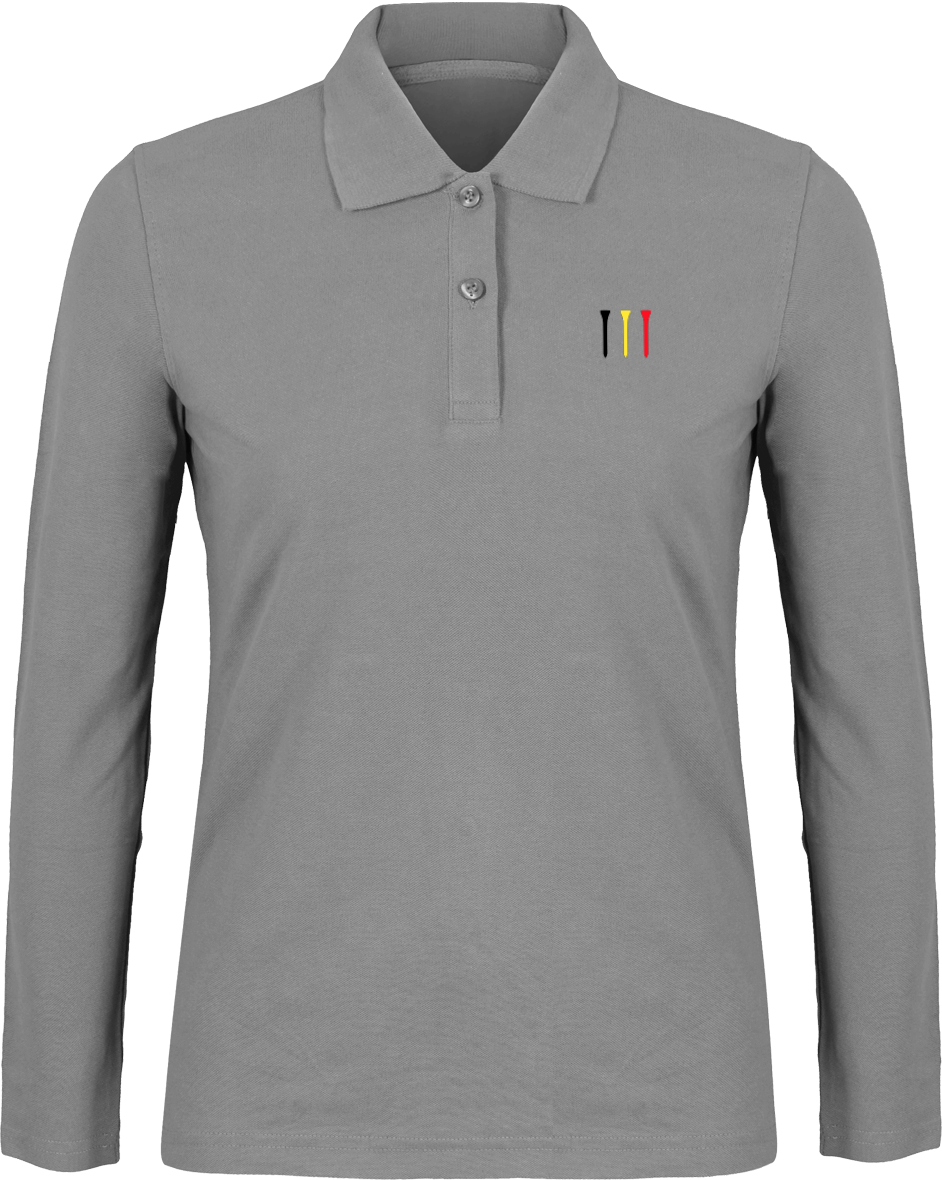 Long-sleeved embroidered polo shirt in black, yellow, and red.