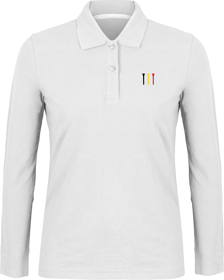 Long-sleeved embroidered polo shirt in black, yellow, and red.