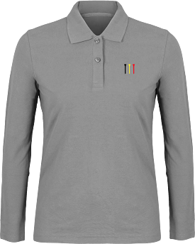 Long-sleeved embroidered polo shirt in black, yellow, and red.