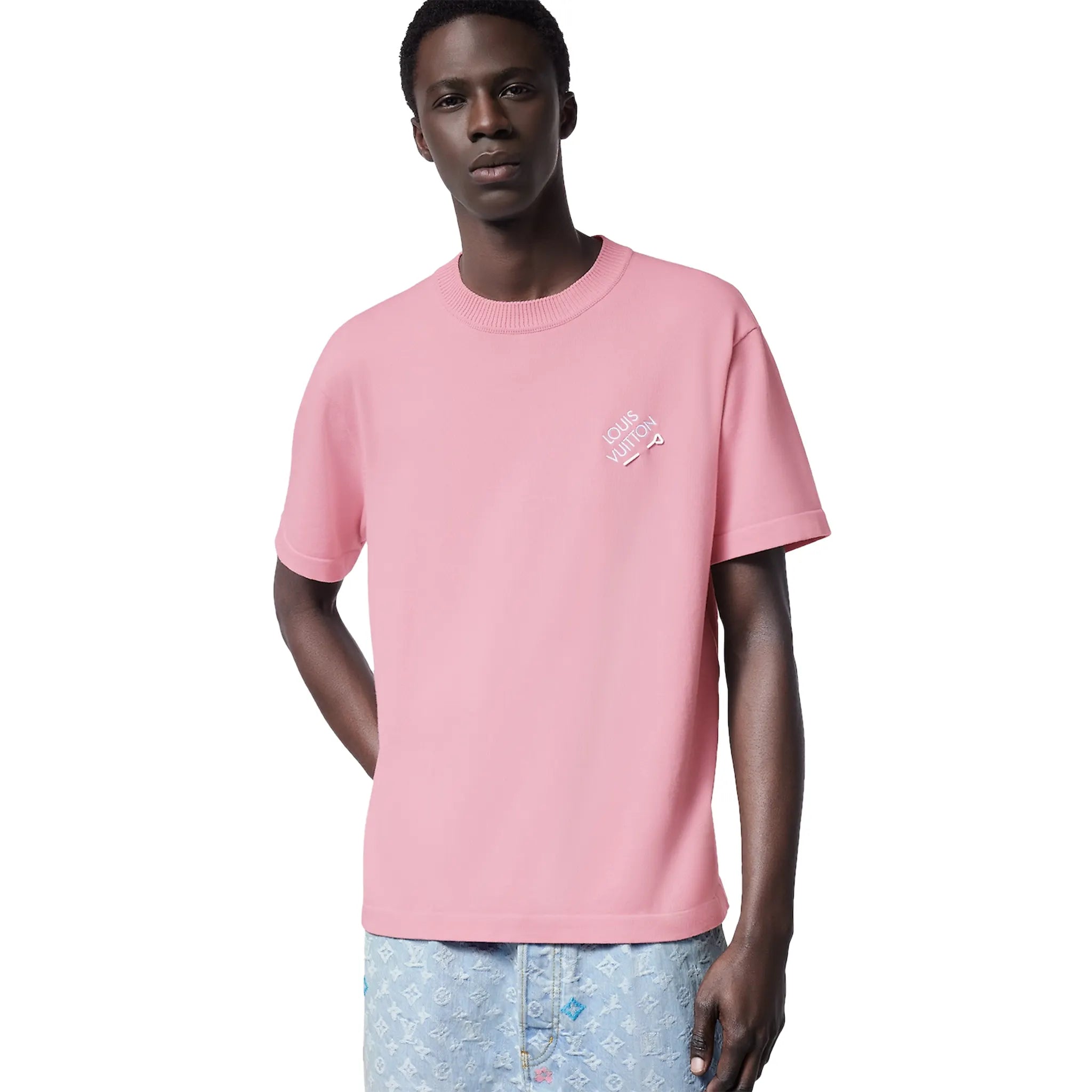 Louis Vuitton Signature Embroidered Crewneck T-Shirt in Coral Blush Pink.