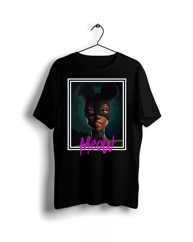 Meow Cat Girl T-shirt in Black with Digital Graphics