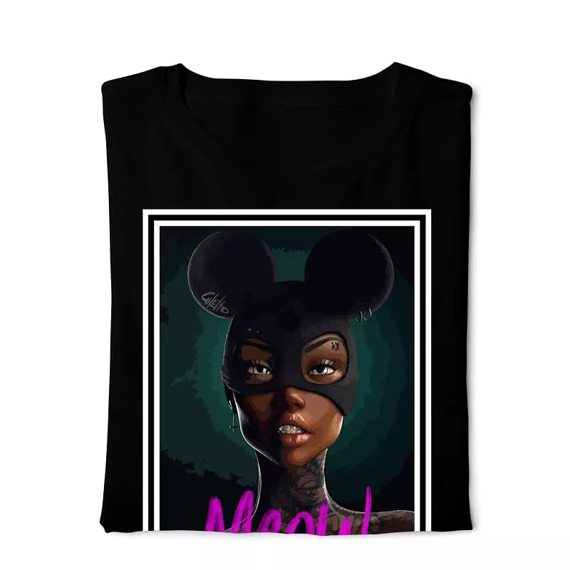 Meow Cat Girl T-shirt in Black with Digital Graphics