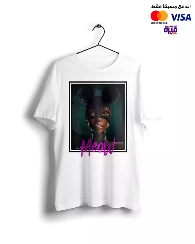 Meow Cat Girl - White Basic T-shirt with Digital Graphics