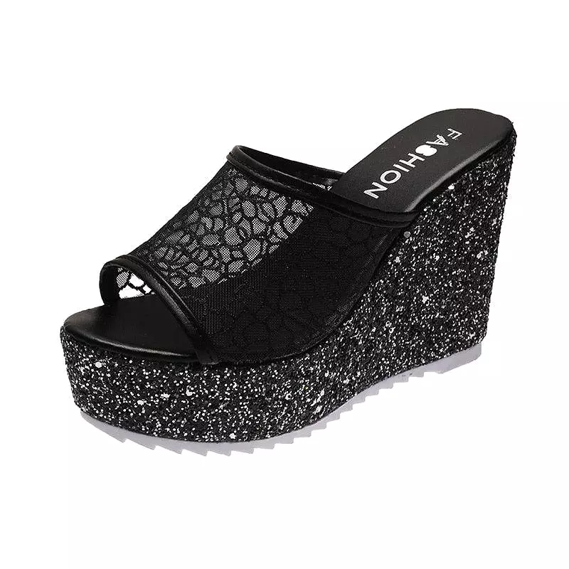 Mesh Slip On Wedge Sandals