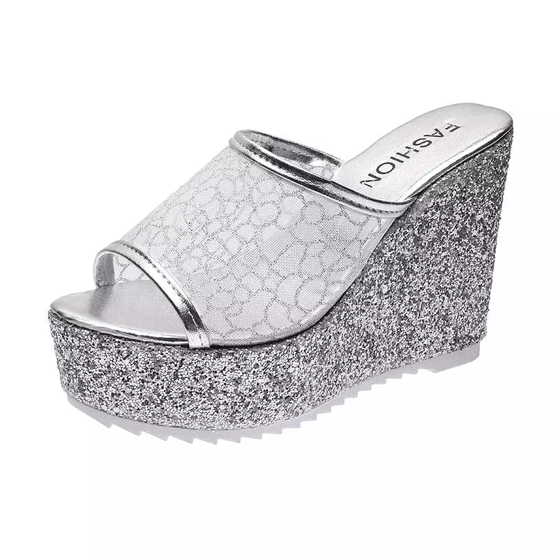 Mesh Slip On Wedge Sandals