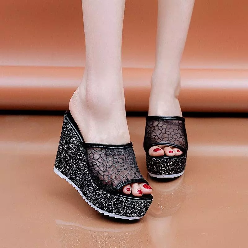 Mesh Slip On Wedge Sandals