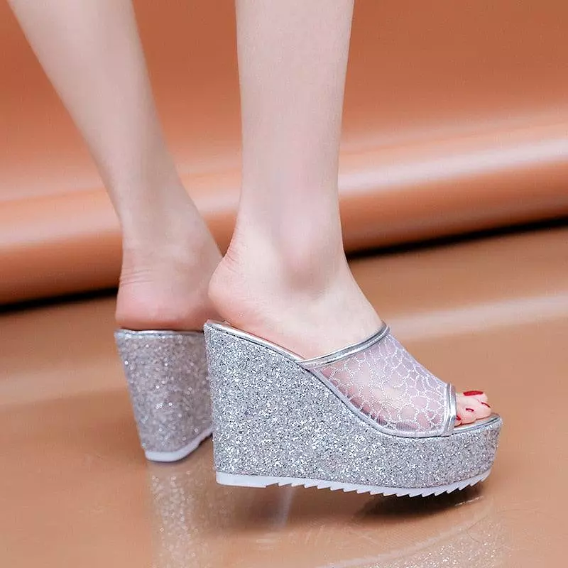 Mesh Slip On Wedge Sandals