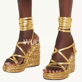 Open Toe Wedge Sandals with Long Strap