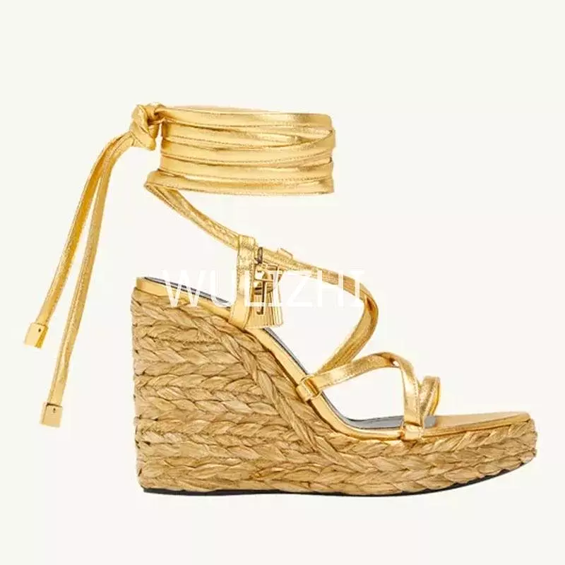 Open Toe Wedge Sandals with Long Strap