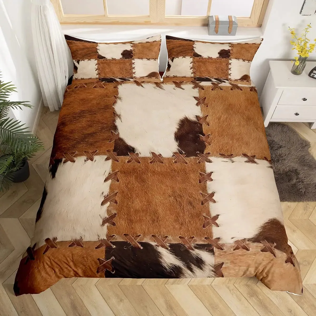 Patchwork Cowhide Duvet Cover Set - King Size, Microfiber Material, Western Farmhouse Style, Cow Fur Print, Farm Animal Bedding 