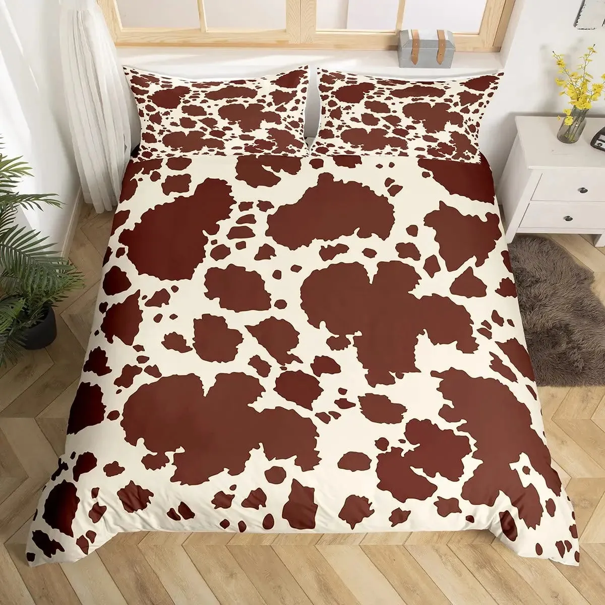 Patchwork Cowhide Duvet Cover Set - King Size, Microfiber Material, Western Farmhouse Style, Cow Fur Print, Farm Animal Bedding 