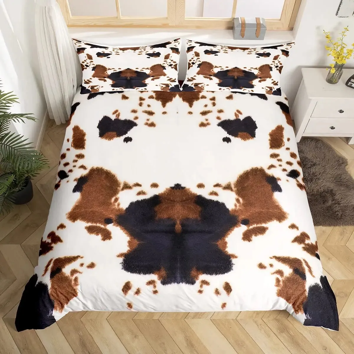 Patchwork Cowhide Duvet Cover Set - King Size, Microfiber Material, Western Farmhouse Style, Cow Fur Print, Farm Animal Bedding 