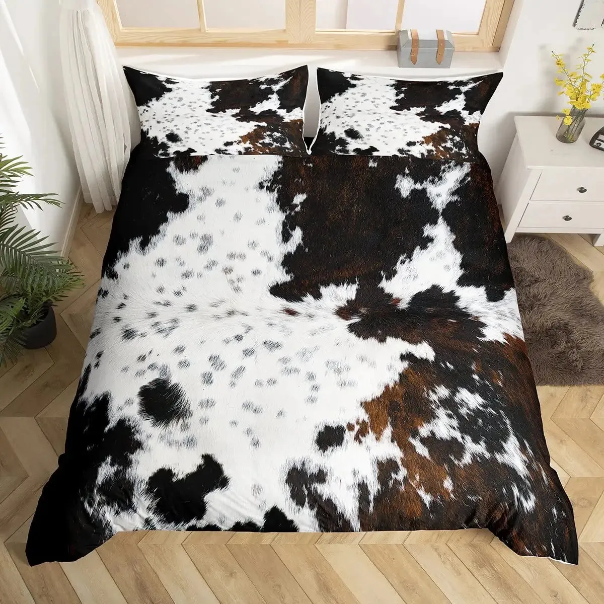 Patchwork Cowhide Duvet Cover Set - King Size, Microfiber Material, Western Farmhouse Style, Cow Fur Print, Farm Animal Bedding 