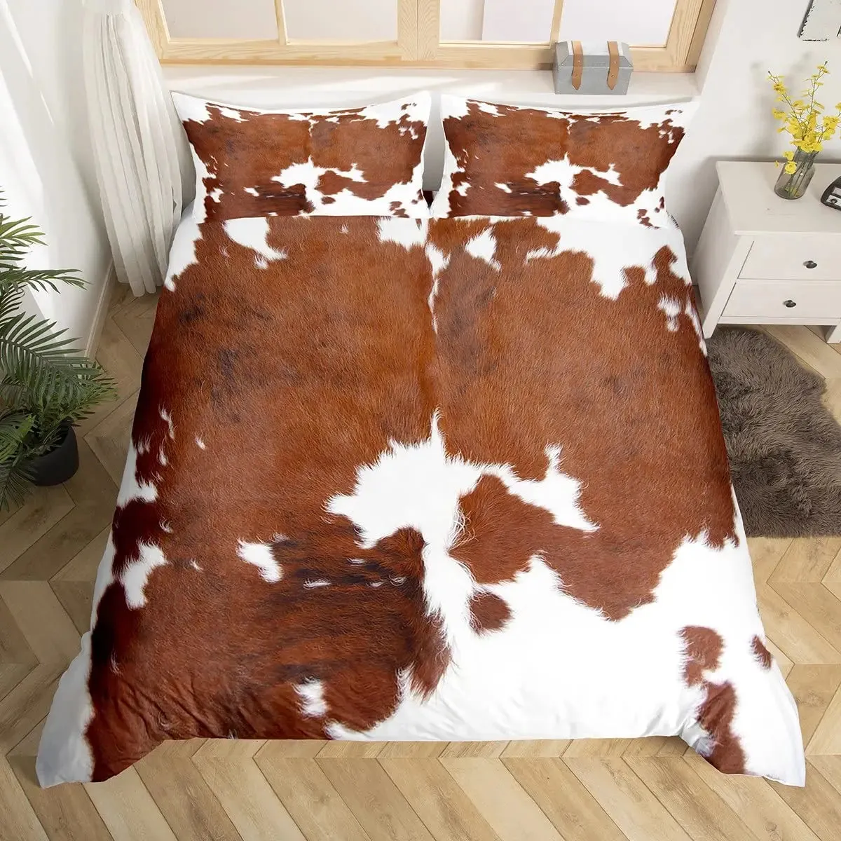 Patchwork Cowhide Duvet Cover Set - King Size, Microfiber Material, Western Farmhouse Style, Cow Fur Print, Farm Animal Bedding 