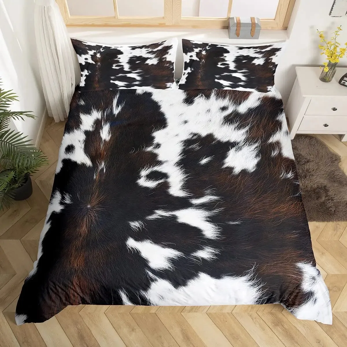 Patchwork Cowhide Duvet Cover Set - King Size, Microfiber Material, Western Farmhouse Style, Cow Fur Print, Farm Animal Bedding 