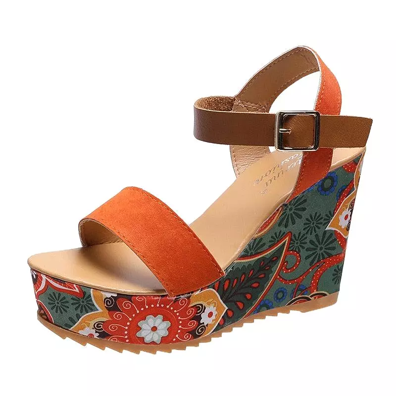 Peep Toe Wedge Shoes with Print Design