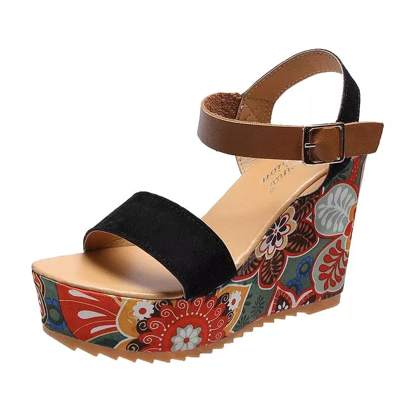 Peep Toe Wedge Shoes with Print Design