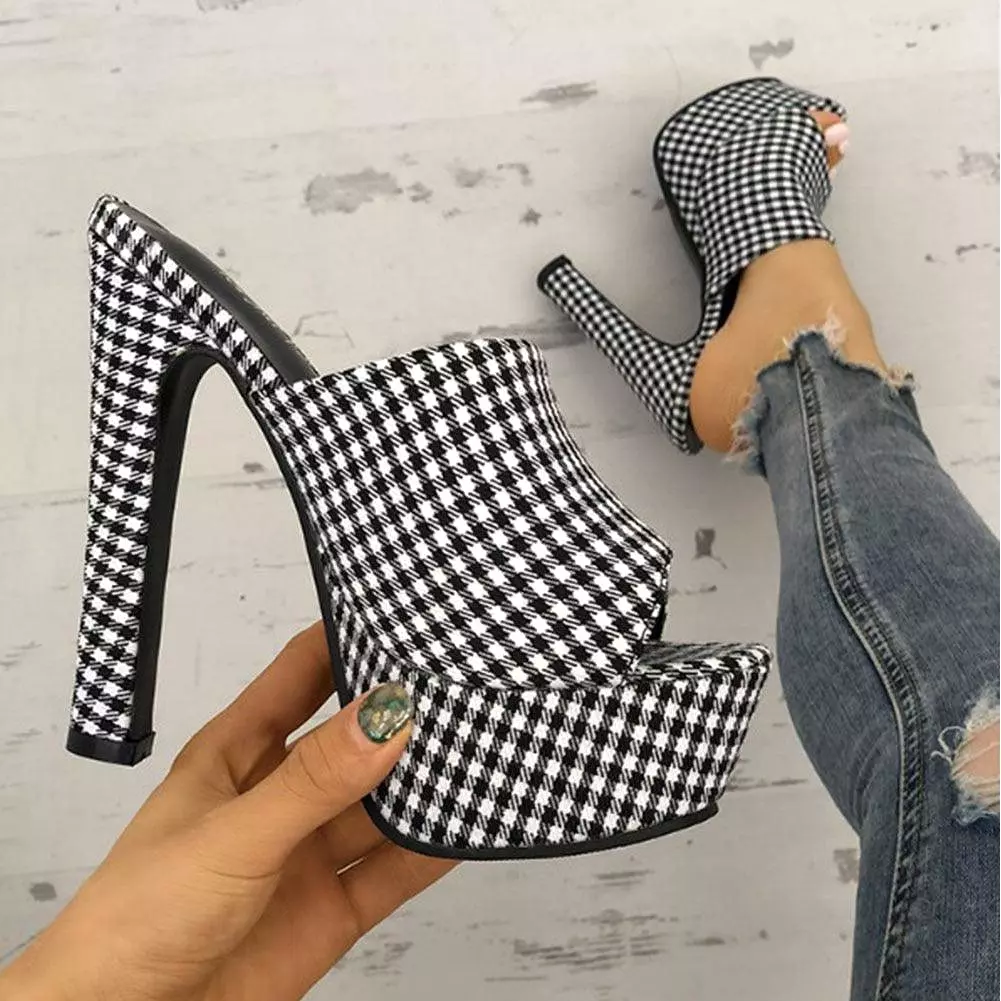 Plaid Platform Sandals with High Heels