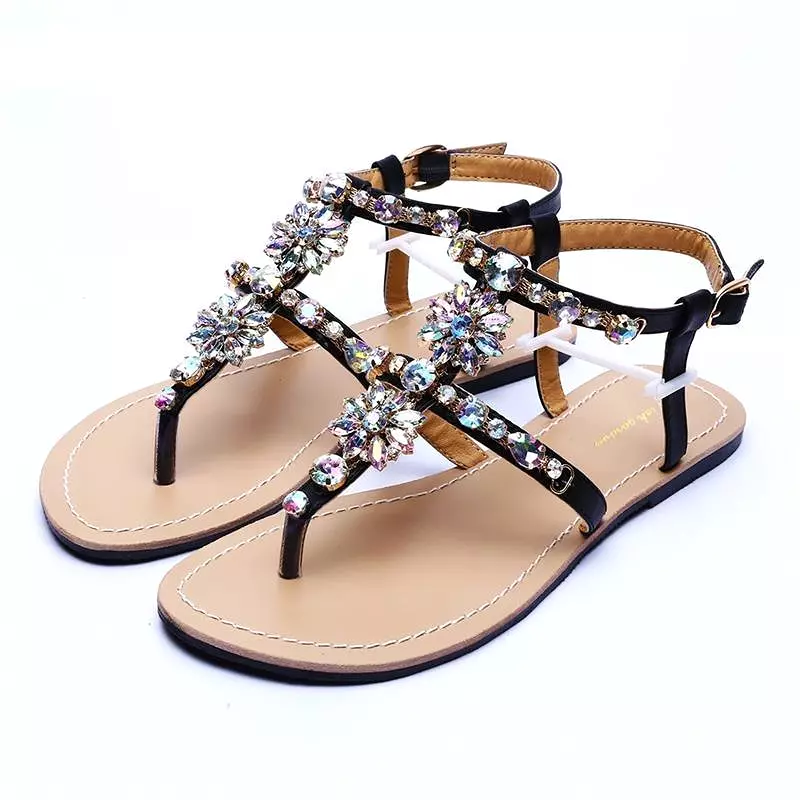 Rhinestone T-Strap Flat Sandals