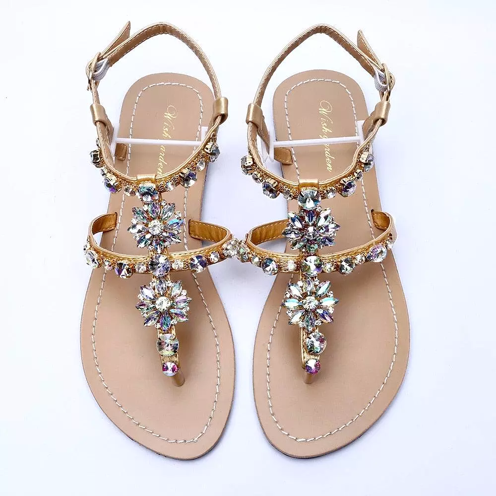 Rhinestone T-Strap Flat Sandals