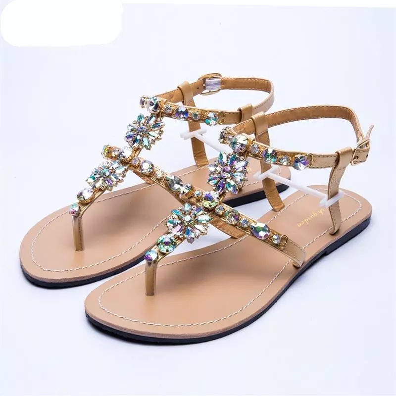 Rhinestone T-Strap Flat Sandals