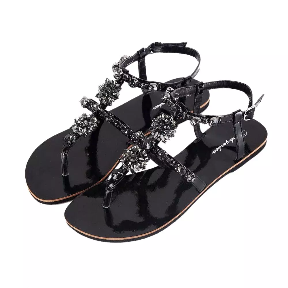 Rhinestone T-Strap Flat Sandals